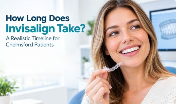 Invisalign Treatment timeline with a smiling patient holding a clear aligner.
